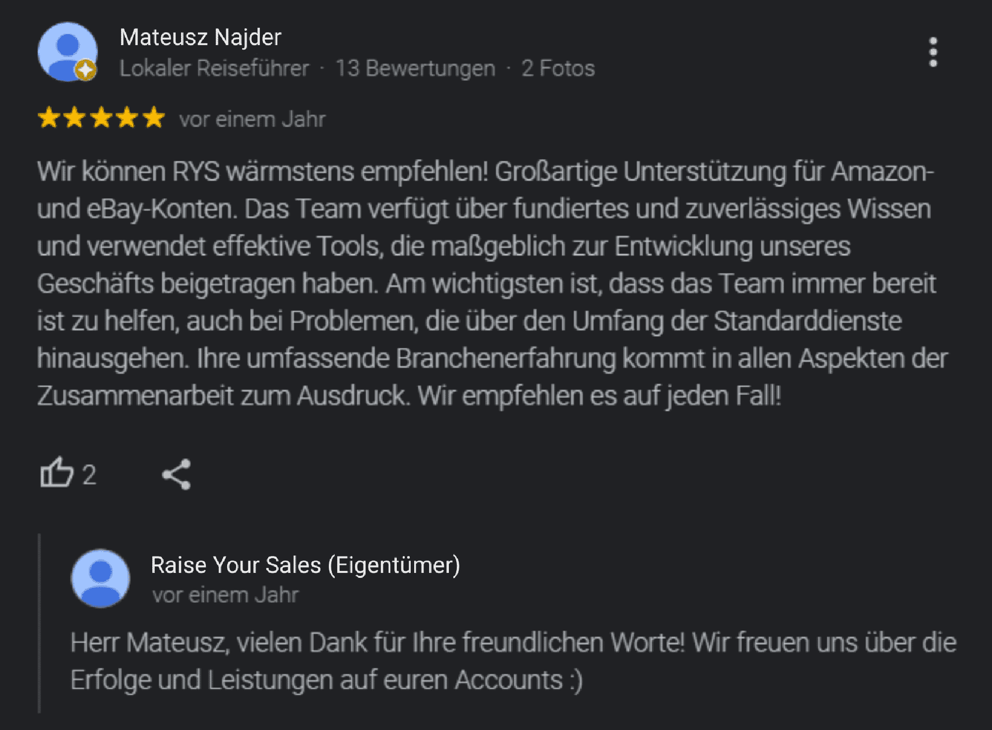 Google-Bewertung von Mateusz Najder über die Zusammenarbeit mit Raise Your Sales