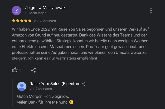 Google-Bewertung eines Kunden der Marke Igart über die Zusammenarbeit mit Raise Your Sales