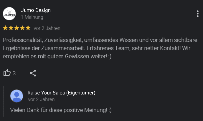 Google-Bewertung eines Kunden der Marke Jumo über die Zusammenarbeit mit Raise Your Sales