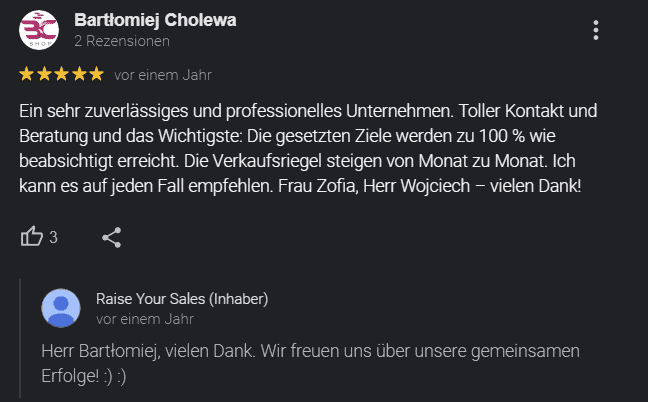 Google-Bewertung eines Kunden der Marke Lakma über die Zusammenarbeit mit Raise Your Sales