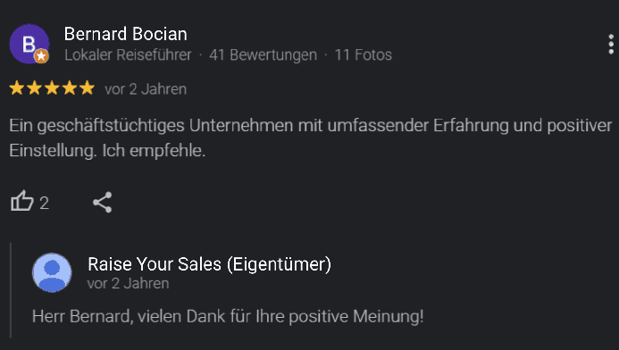 Google-Bewertung eines Kunden der Marke Meester über die Zusammenarbeit mit Raise Your Sales
