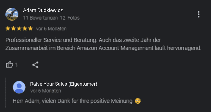 Google-Bewertung eines Kunden der Marke RoadEU über die Zusammenarbeit mit Raise Your Sales