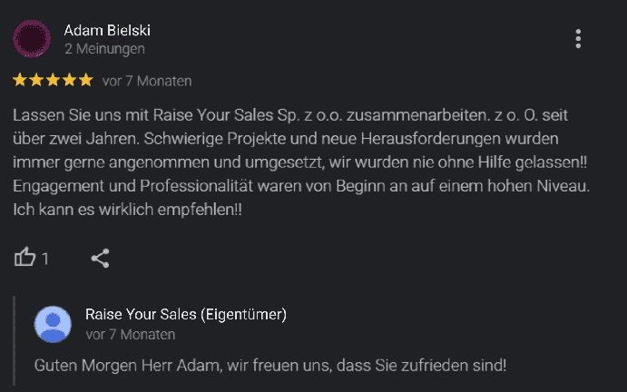 Google-Bewertung eines Kunden der Marke SuperProfile über die Zusammenarbeit mit Raise Your Sales