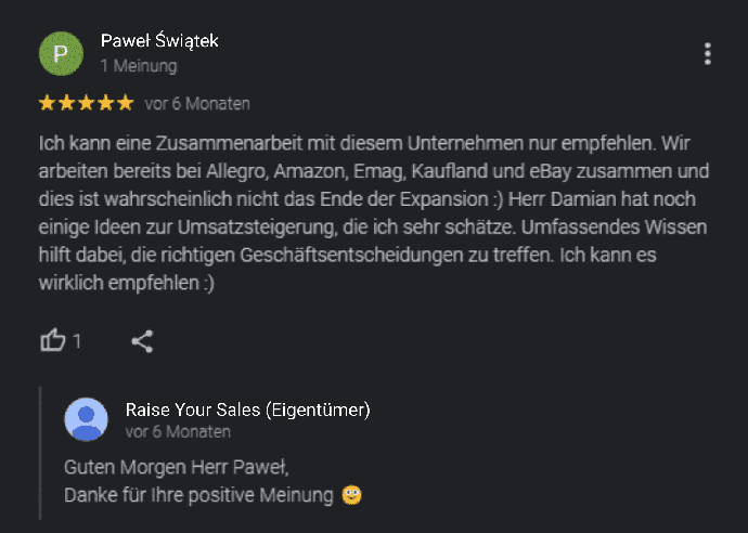 Google-Bewertung eines Kunden der Marke Taphiceros über die Zusammenarbeit mit Raise Your Sales