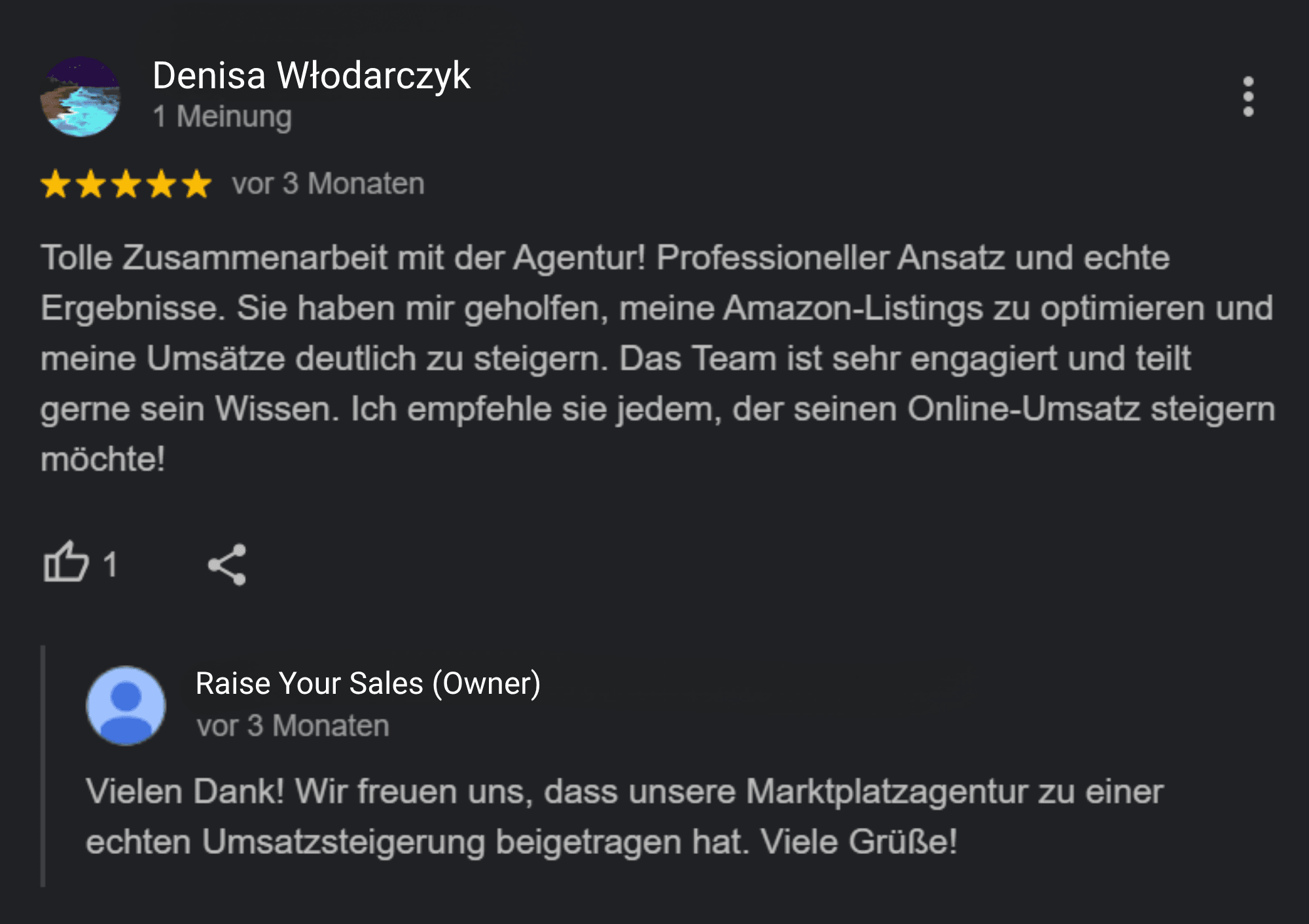 Google-Bewertung eines Kunden der Marke Wamar über die Zusammenarbeit mit Raise Your Sales
