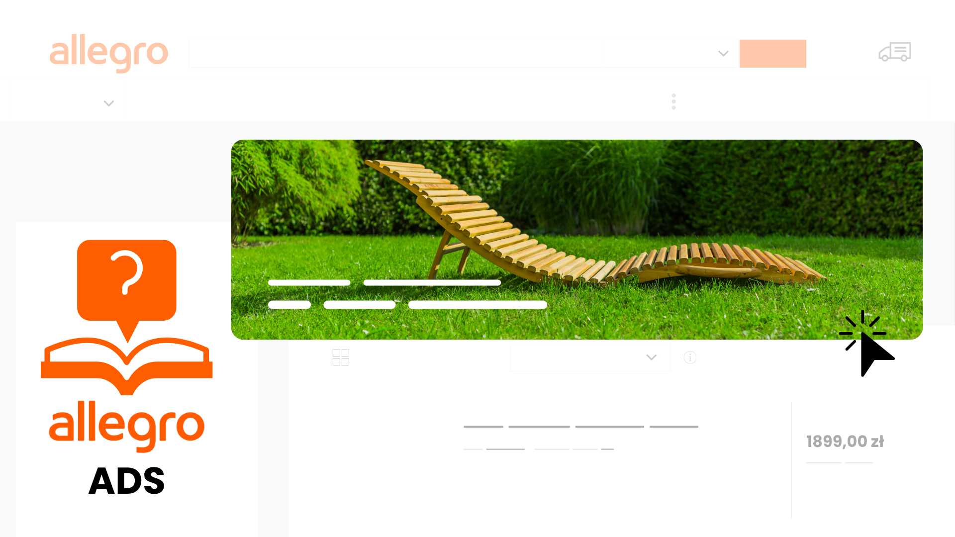 Mock-up einer Allegro-Seite mit Display-Banner: Holzliegestuhl im Gras und ein Cursor klickt auf die Allegro-ADS-Anzeige