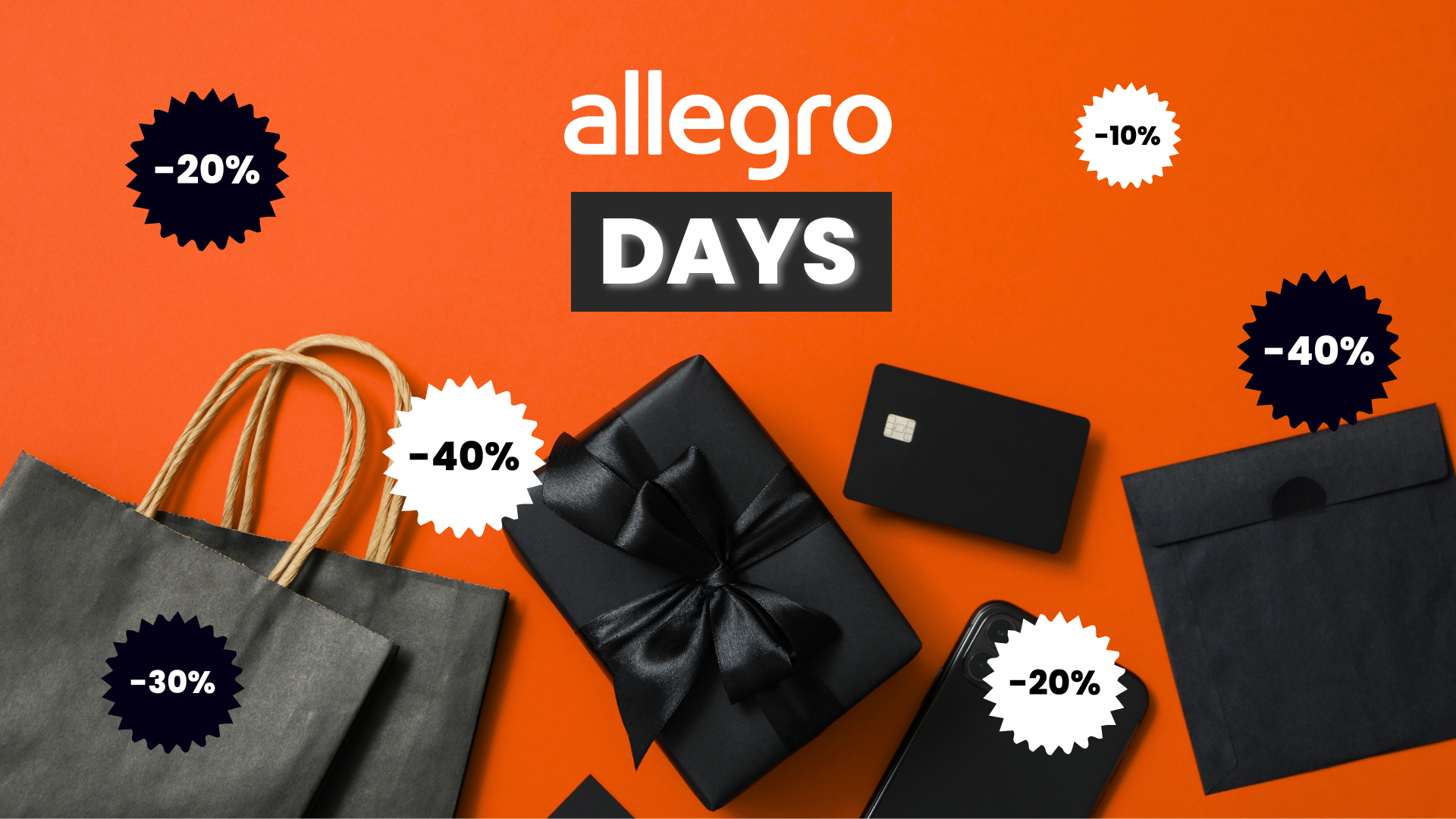 Logo der Allegro Days auf orangefarbenem Grund, Einkaufstüten, Geschenk, Bankkarte und Rabattsticker von -10 % bis -40 %