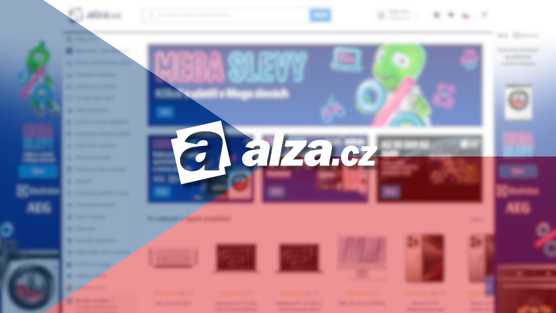 Logo von alza.cz vor der unscharfen Startseite des Alza-Shops in den Farben der tschechischen Flagge