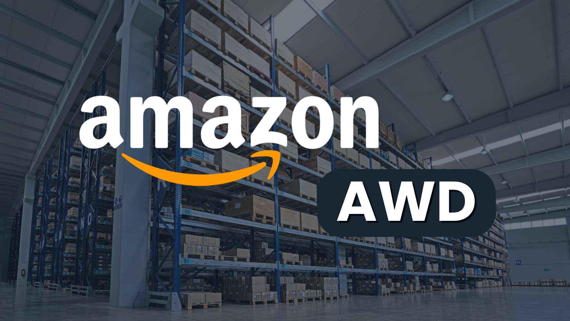 Amazon-Logo und Schriftzug AWD vor hohen Regalen mit Paletten und Kartons in einem Großlager