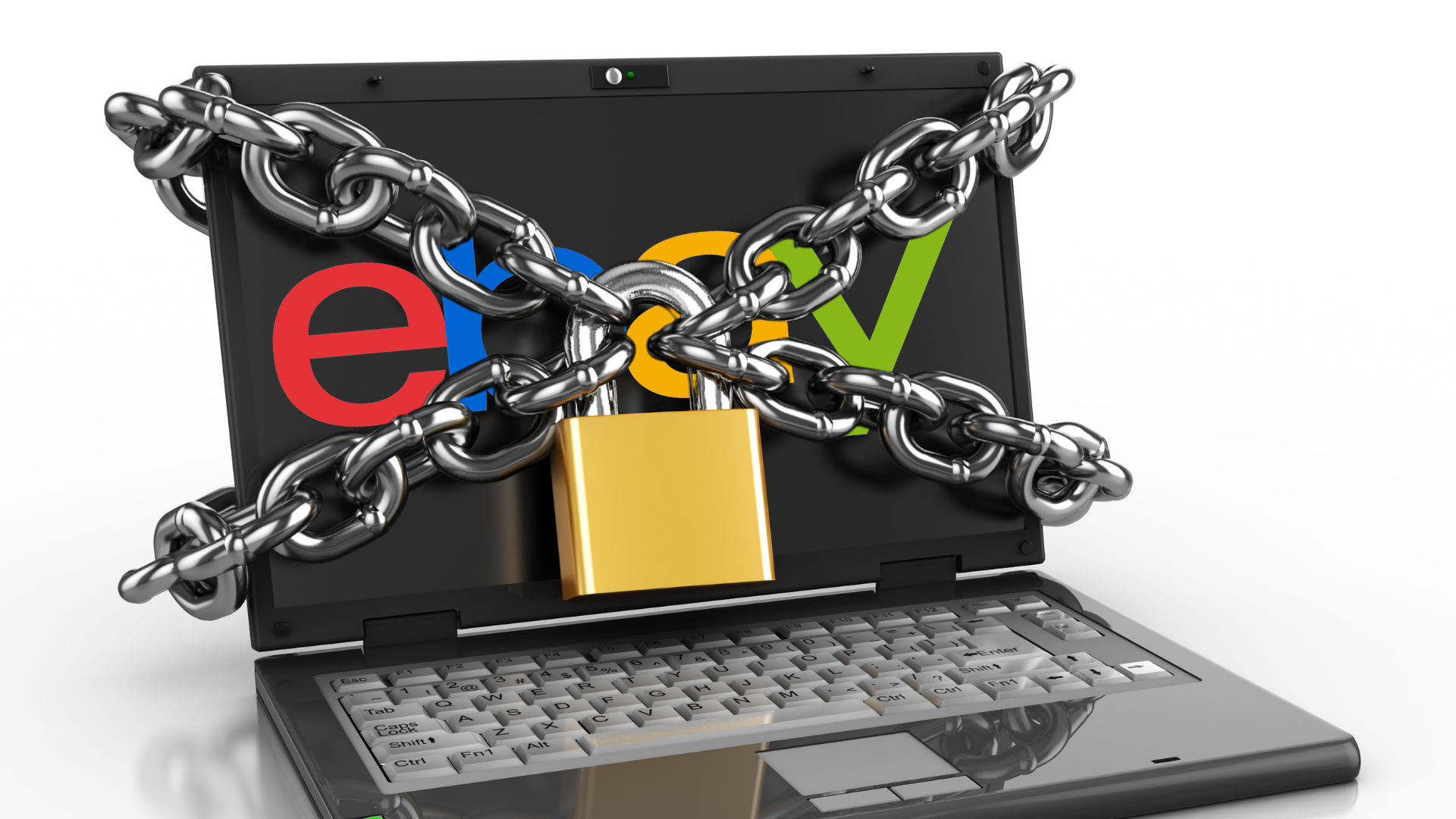 Laptop mit eBay-Logo, in Ketten gelegt und mit goldenem Vorhängeschloss verschlossen – Symbol einer eBay-Kontosperre
