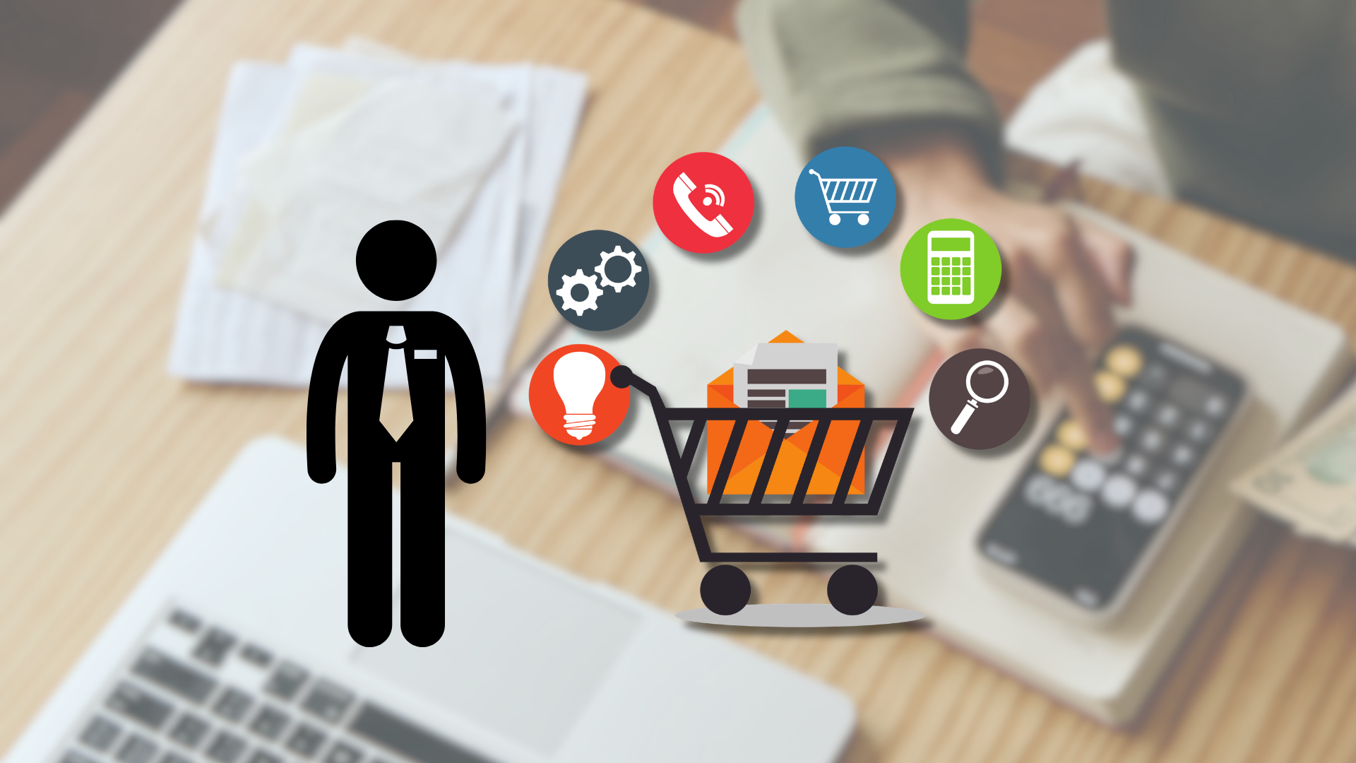 Manager-Piktogramm am Einkaufswagen, ringsum Icons von Telefon, Taschenrechner und Lupe – Aufgaben eines E-commerce Managers