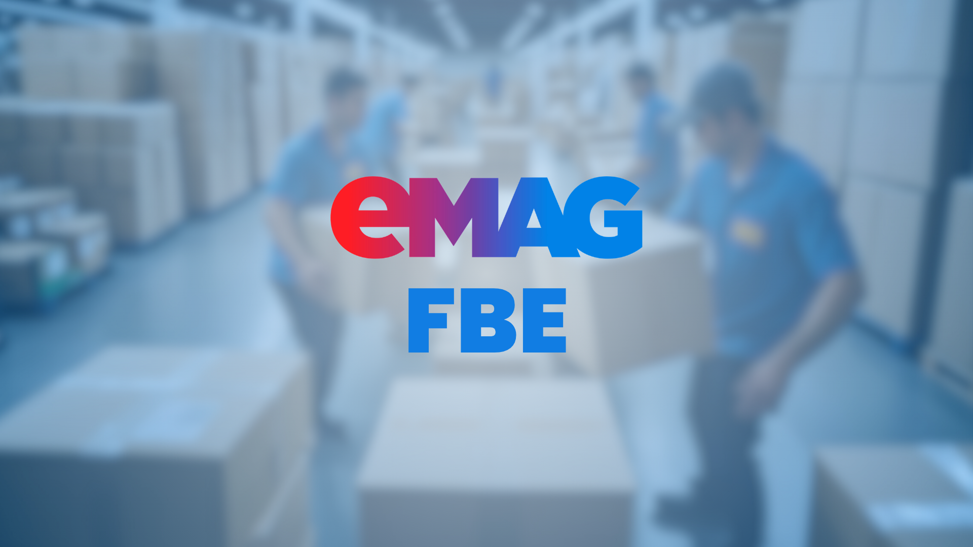 Logo von eMAG FBE vor einer unscharfen Lagerhalle, in der Mitarbeiter in blauen Shirts Kartons tragen