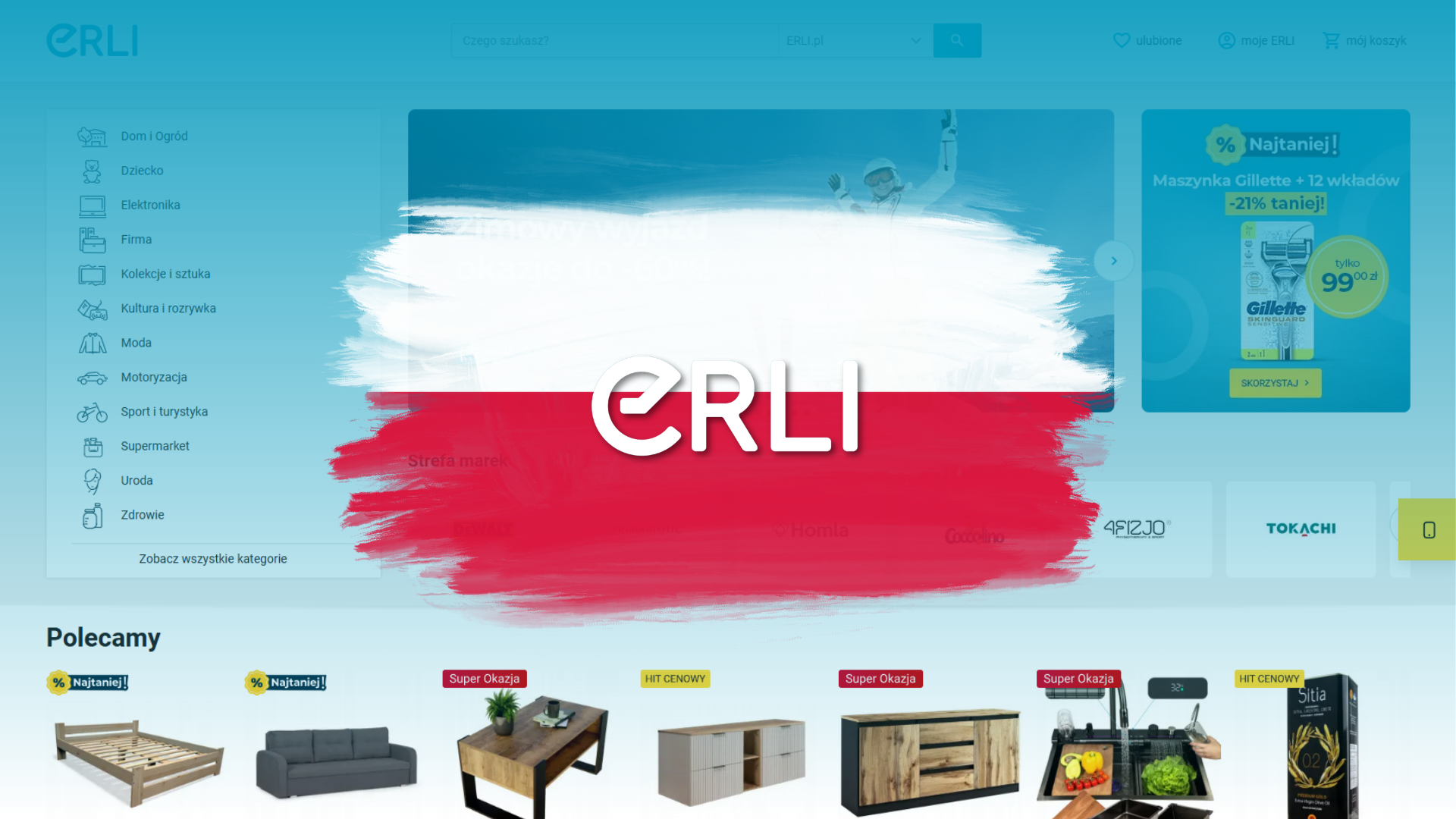ERLI-Logo auf weiß-roter Flagge, dahinter die Website erli.pl mit den Kategorien Haus und Garten, Mode, Elektronik und Beauty