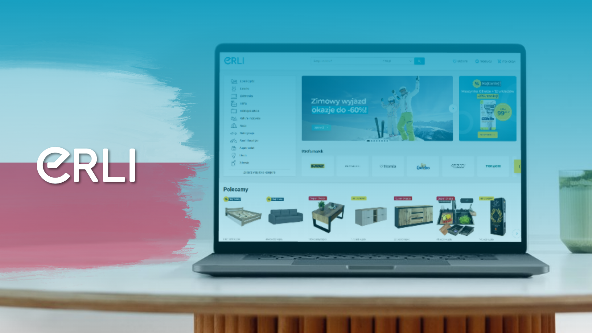Laptop auf einem Tisch mit der Startseite des Erli Marketplace, daneben das ERLI-Logo vor einer weiß-roten polnischen Flagge
