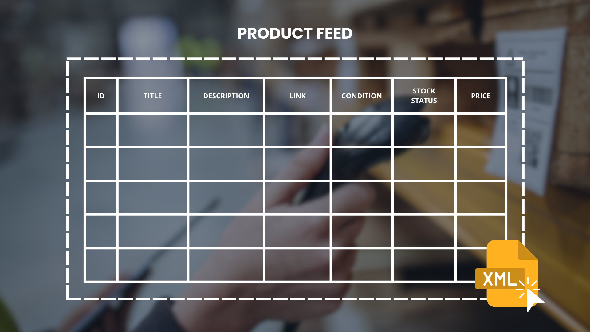 Produktfeed-Vorlage: Tabelle mit den Spalten ID, title, description, link, condition, stock status und price, dazu XML-Symbol
