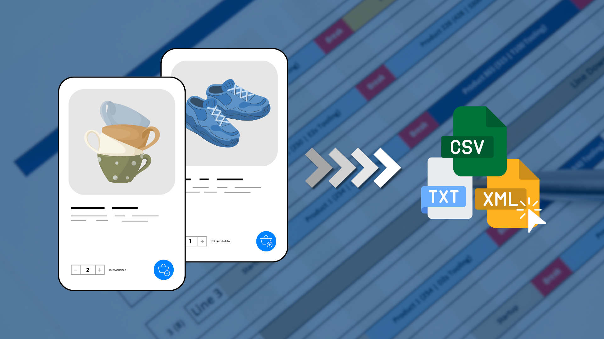 Produktkarten mit Tassen und blauen Schuhen, daneben Pfeile zu CSV-, TXT- und XML-Dateien eines Produktfeeds