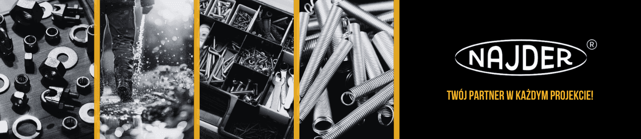 Banner des Shops Najder – Schwarz-Weiß-Collage des Metallsortiments