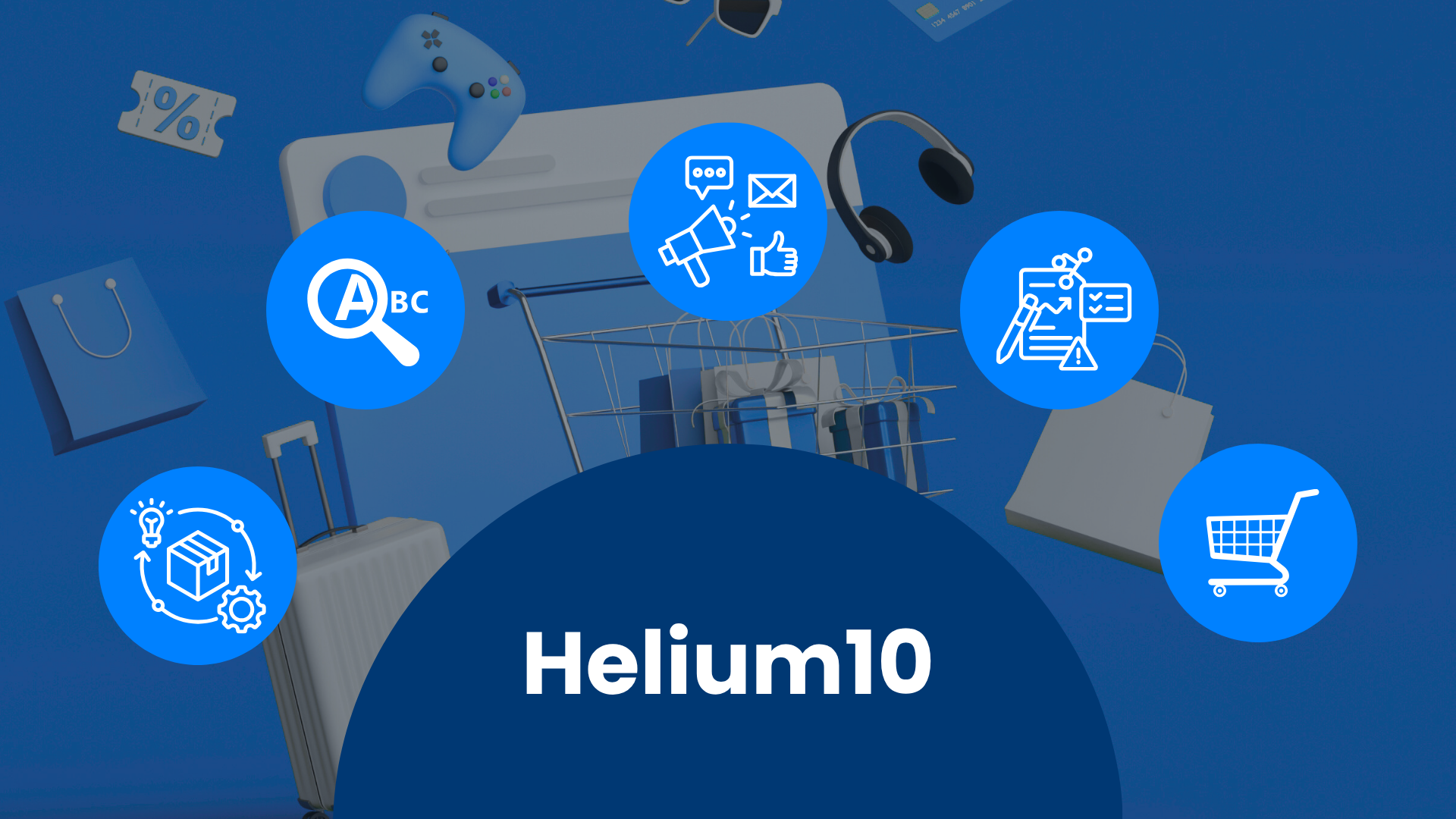 Schriftzug Helium10, umgeben von Icons für Keyword-Research, Werbung, Analyse und Produkte, im Hintergrund ein Einkaufswagen