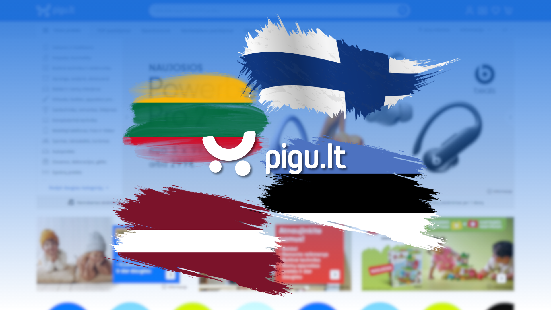 Pigu-Logo, umgeben von den Flaggen Litauens, Lettlands, Estlands und Finnlands, vor der unscharfen Startseite von pigu.lt