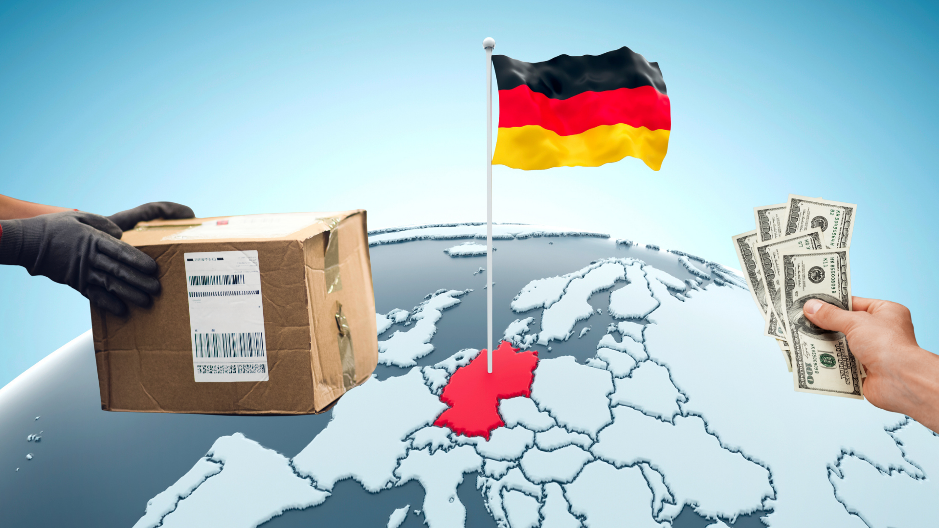 Nach Deutschland verkaufen: Deutschlandfahne auf der Europakarte, ein Versandpaket und Geldscheine in einer Hand