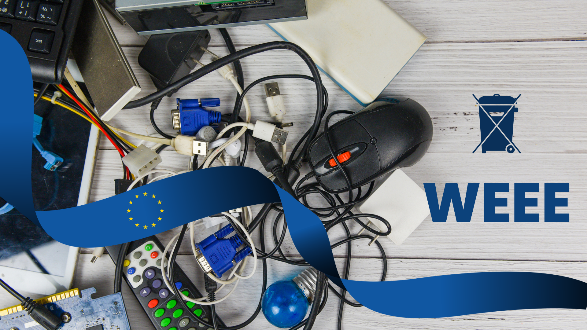 Kabelgewirr, USB- und VGA-Stecker, Maus, Fernbedienung auf weißem Tisch neben durchgestrichener Mülltonne und WEEE-Schriftzug